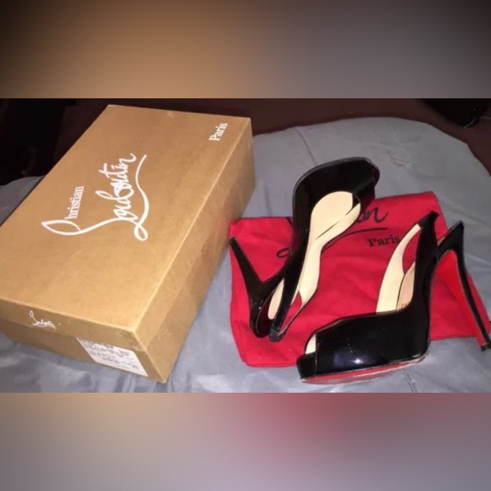 Black patent leather sling back heels Christian Louboutin